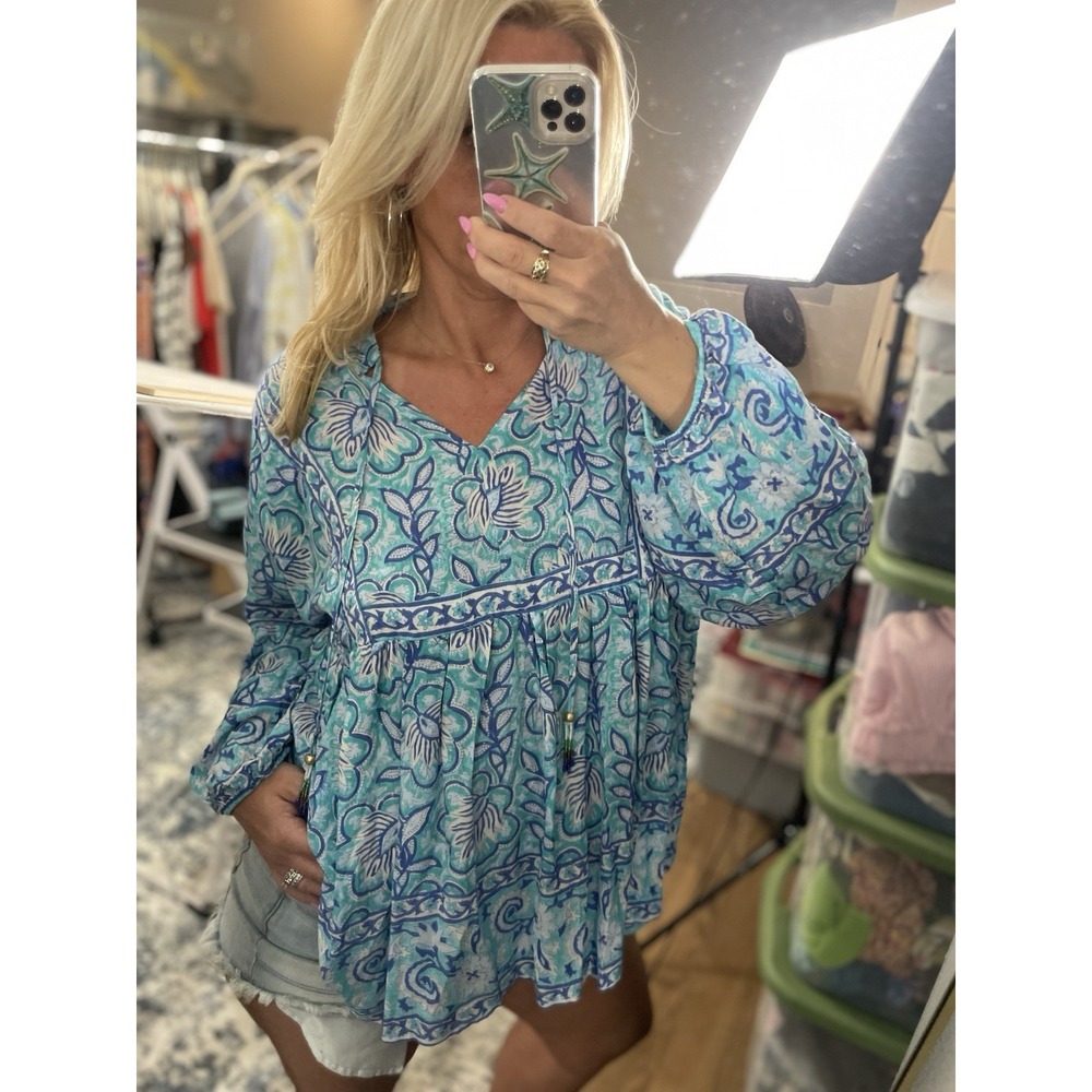 Grand & Greene Top Women's S Babydoll Swing Top Blouse Green Blue Floral Boho